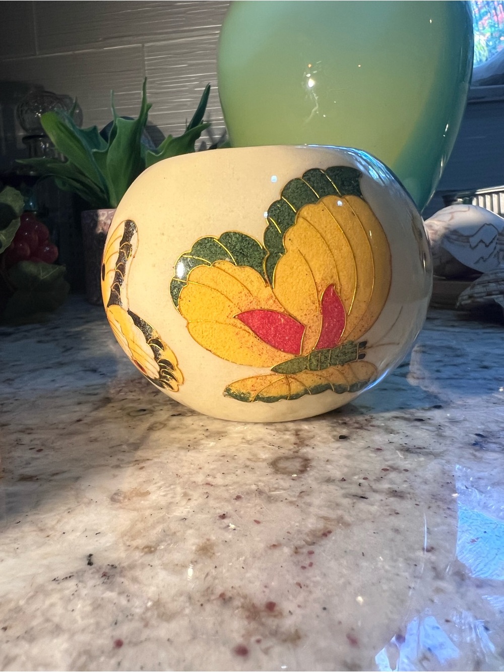 Vintage Yellow Butterfly Ceramic Candle Holder, no chips no crax